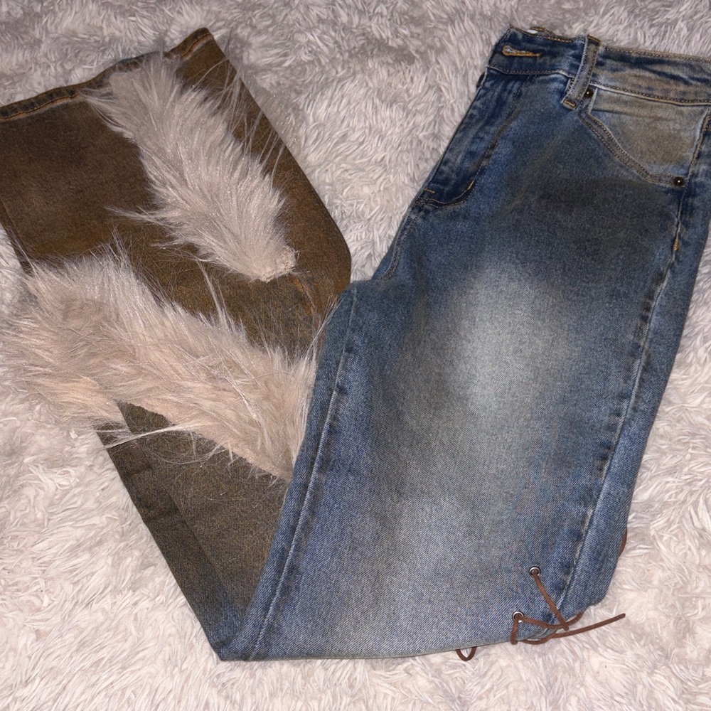 Fashion Nova Blue and Brown with Faux Fur Leg Jeans